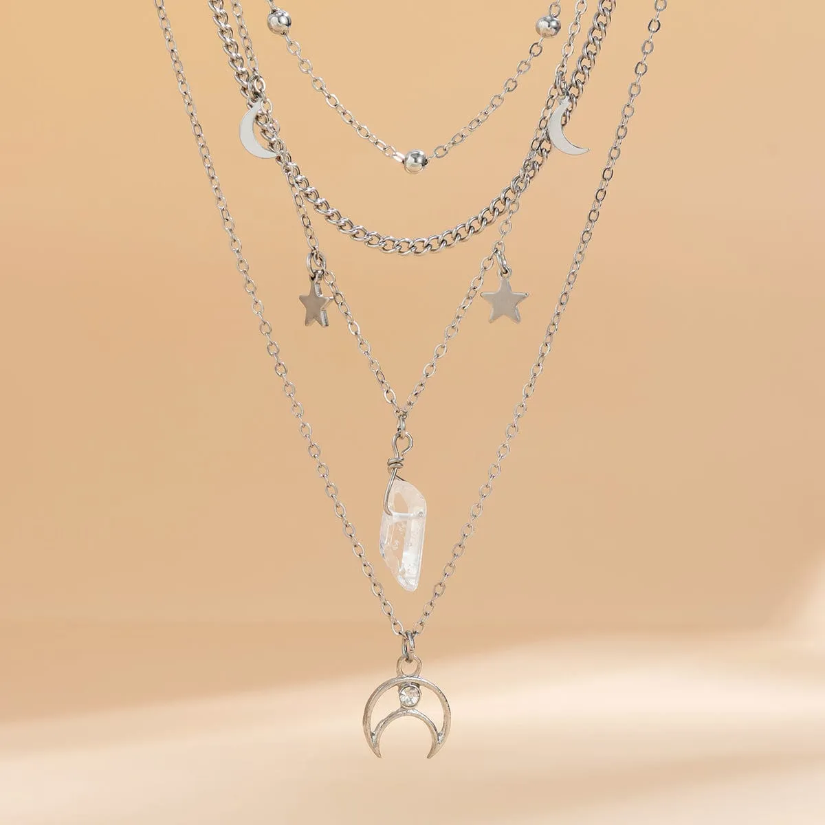 Boho Layered Star Moon Crystal Pendant Cable Chain Necklace Set