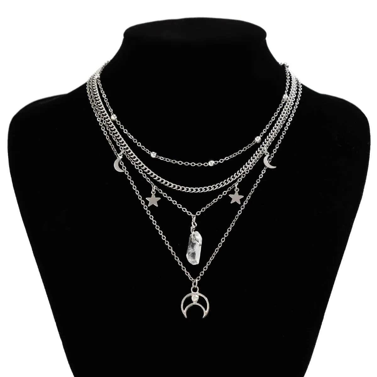 Boho Layered Star Moon Crystal Pendant Cable Chain Necklace Set