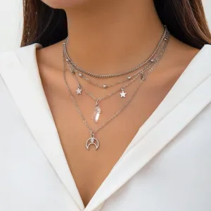 Boho Layered Star Moon Crystal Pendant Cable Chain Necklace Set