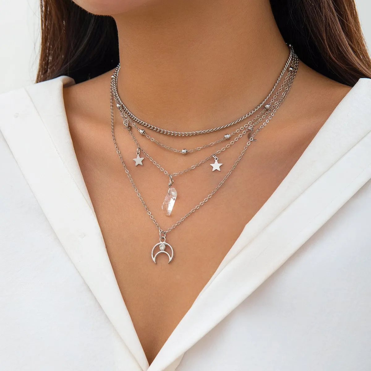 Boho Layered Star Moon Crystal Pendant Cable Chain Necklace Set