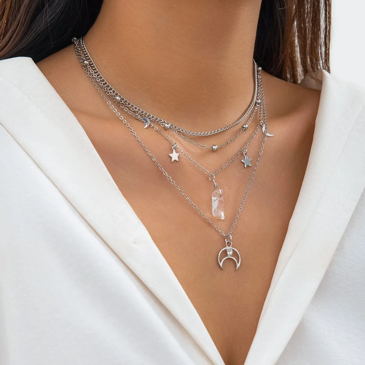 Boho Layered Star Moon Crystal Pendant Cable Chain Necklace Set
