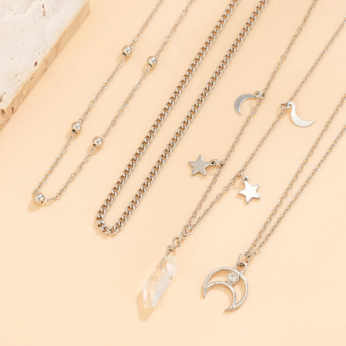 Boho Layered Star Moon Crystal Pendant Cable Chain Necklace Set