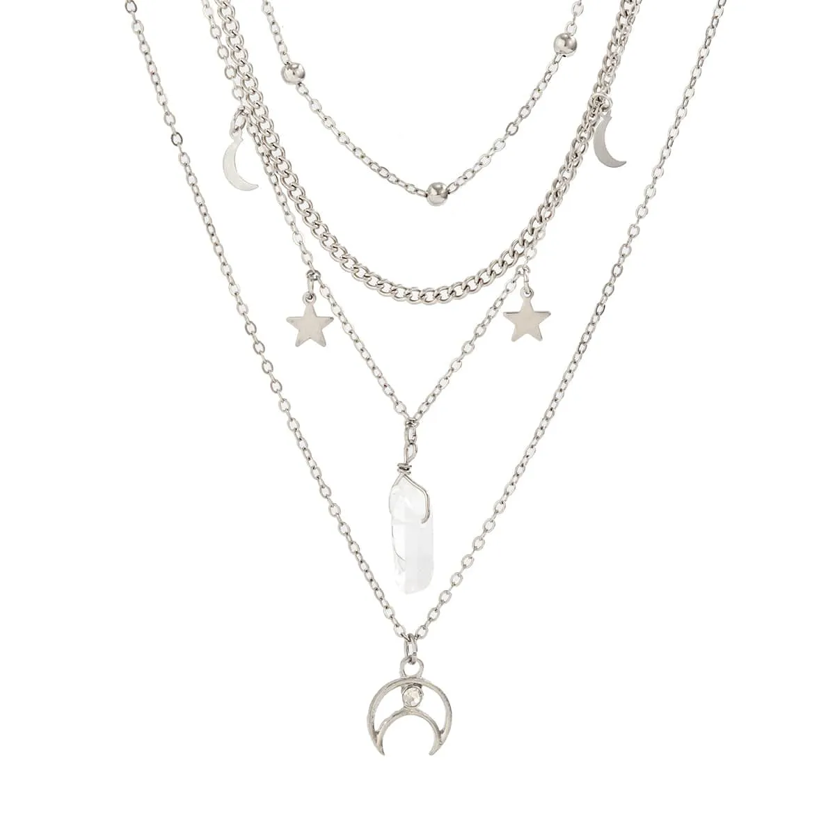 Boho Layered Star Moon Crystal Pendant Cable Chain Necklace Set