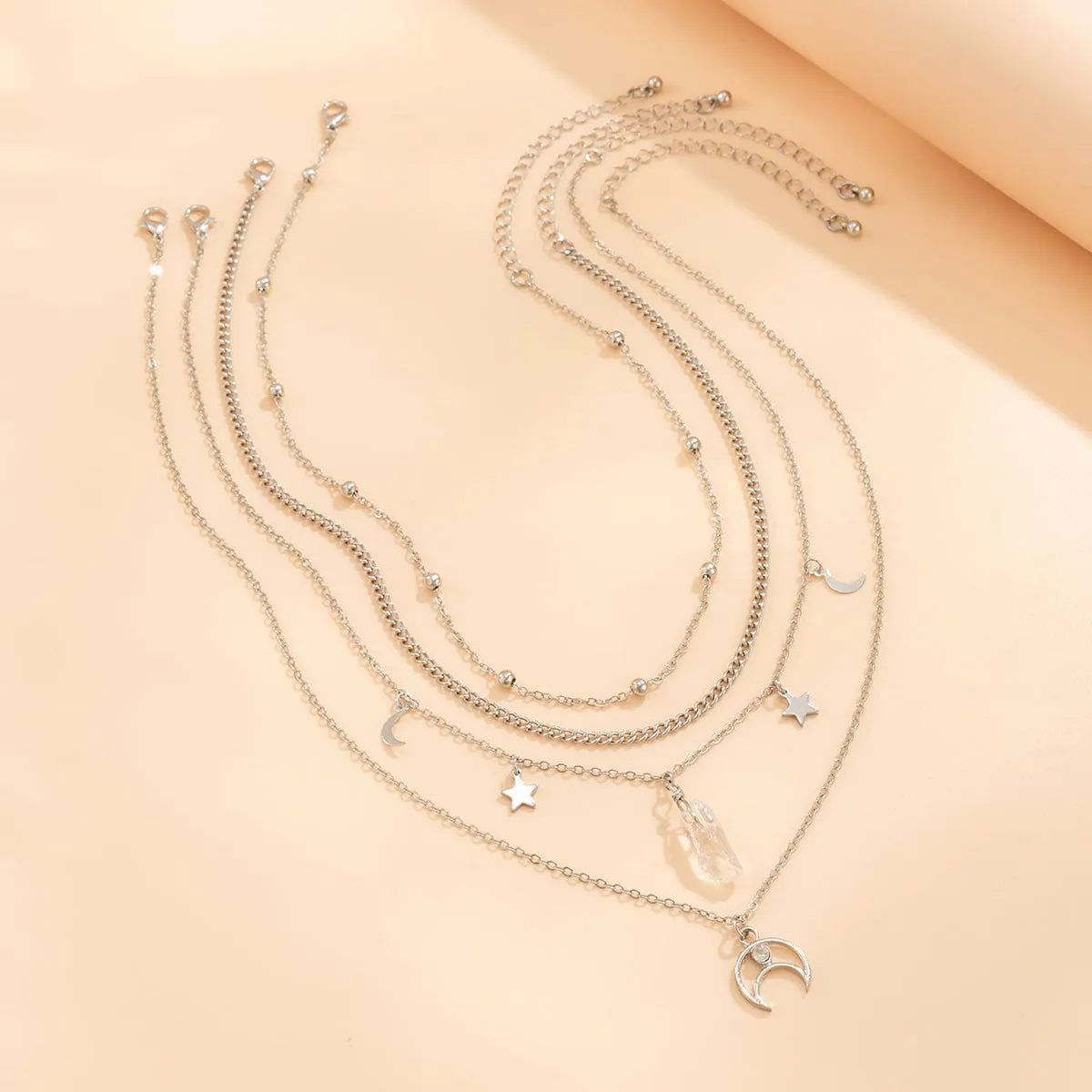 Boho Layered Star Moon Crystal Pendant Cable Chain Necklace Set