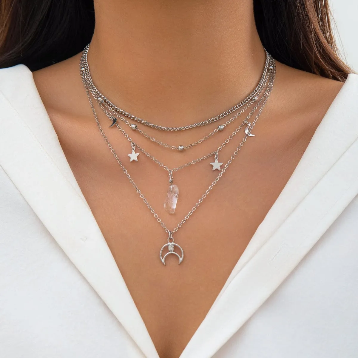 Boho Layered Star Moon Crystal Pendant Cable Chain Necklace Set