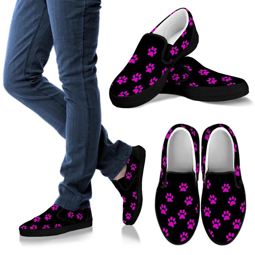 Bright Purple Paw Print On Black Women's Slip-Ons