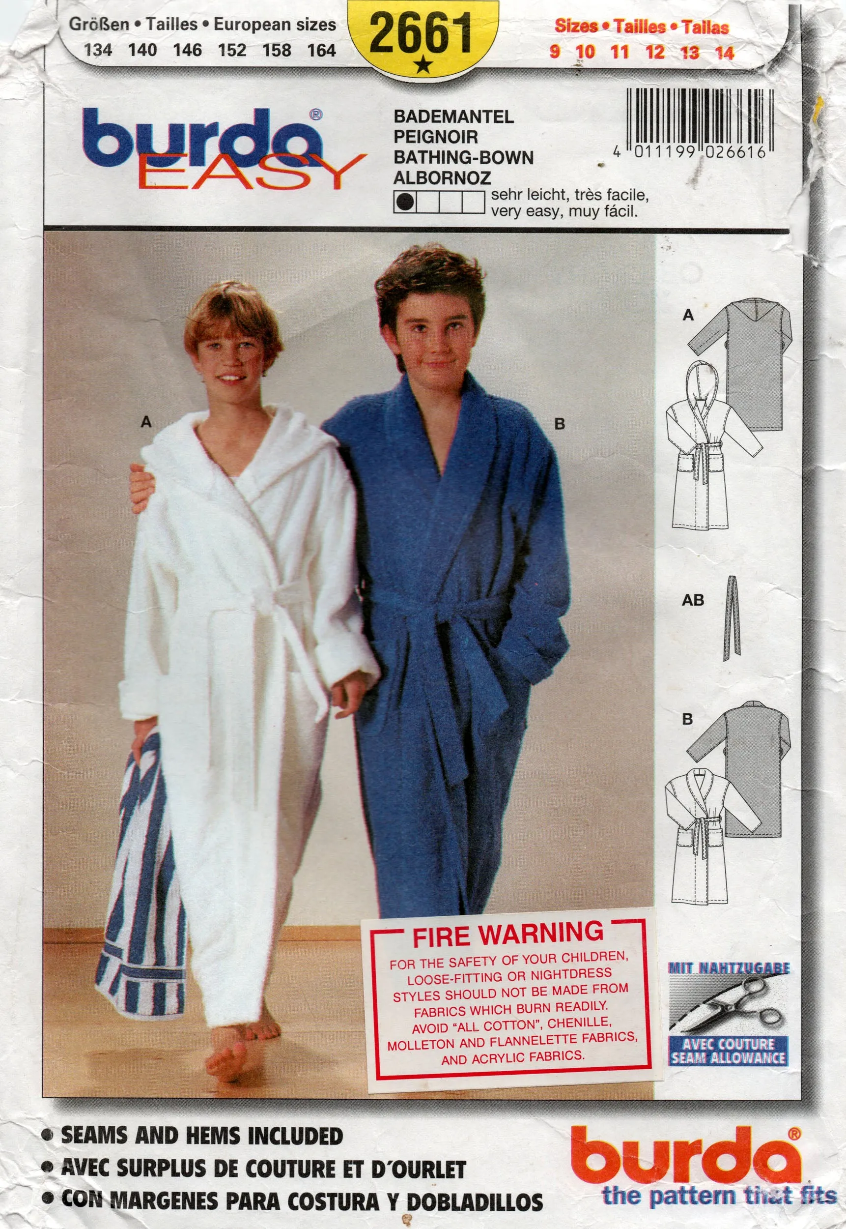 Burda 2661 Boys EASY Wrap Robe Dressing Gown Out Of Print Sewing Pattern Size 9 - 14 UNCUT Factory Folds
