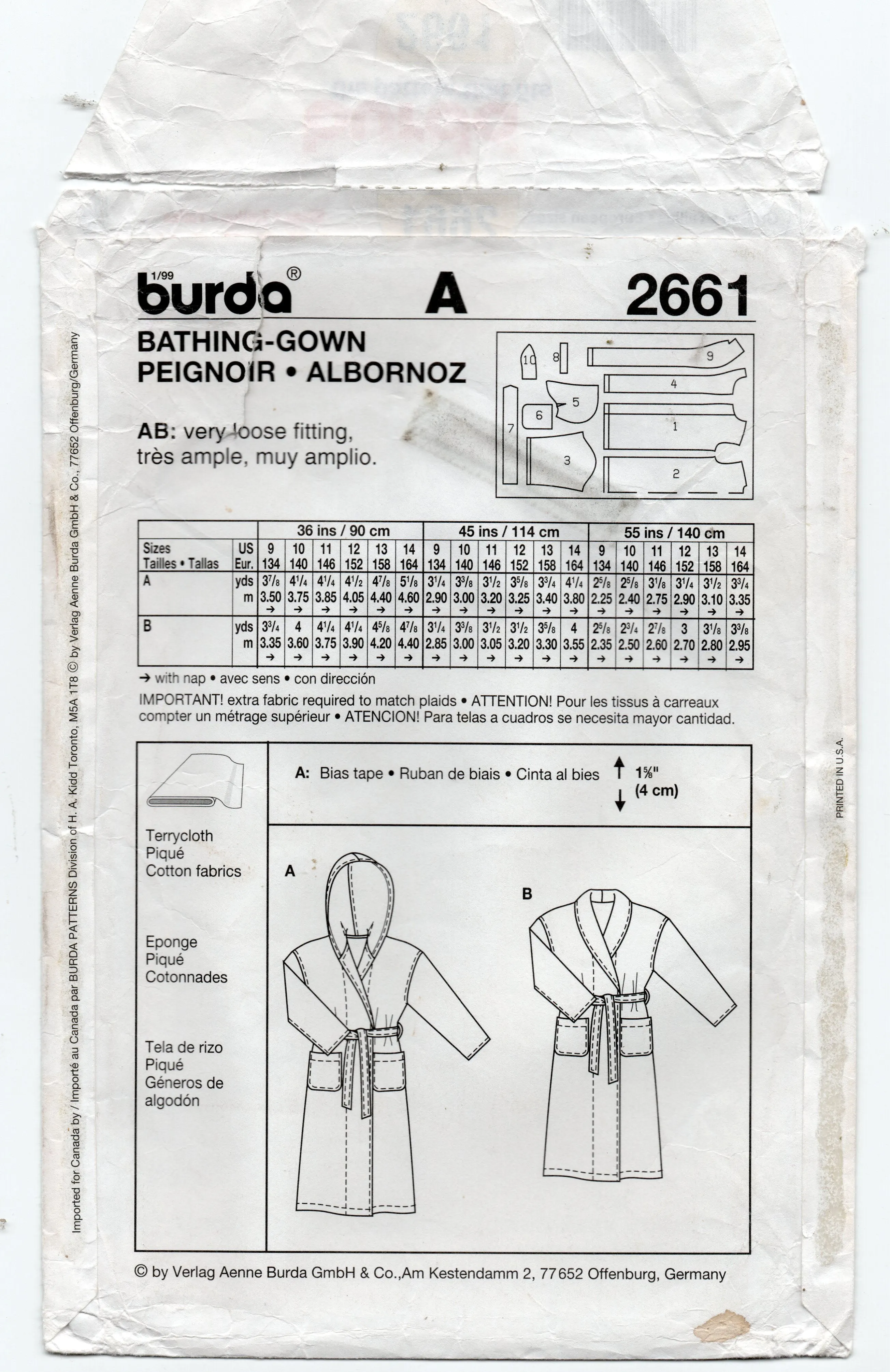 Burda 2661 Boys EASY Wrap Robe Dressing Gown Out Of Print Sewing Pattern Size 9 - 14 UNCUT Factory Folds