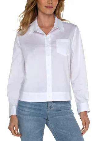 Button Front Shirt With Elastic Back Waist - White