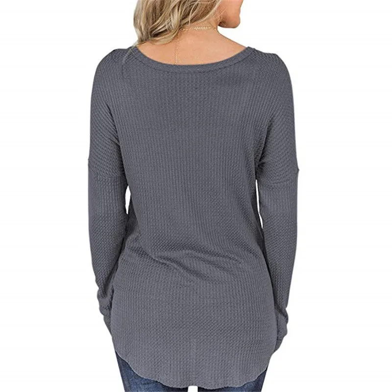 Button Loose Waffle Long Sleeve T-Shirt