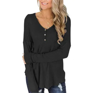 Button Loose Waffle Long Sleeve T-Shirt