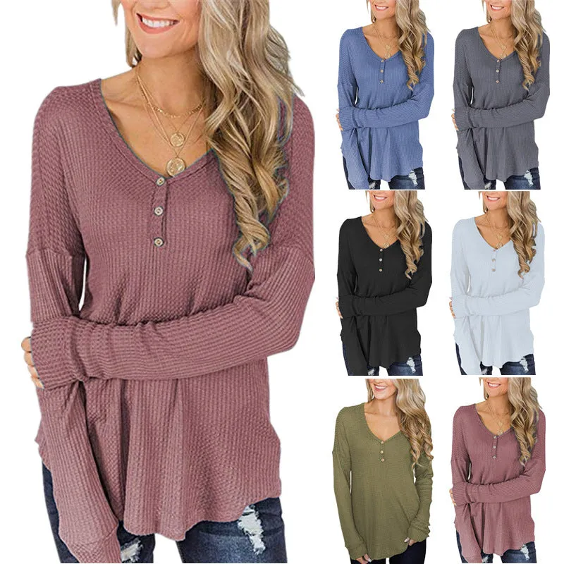Button Loose Waffle Long Sleeve T-Shirt