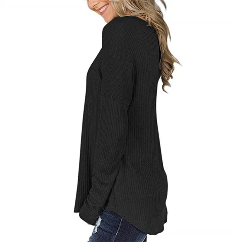 Button Loose Waffle Long Sleeve T-Shirt