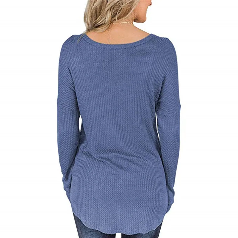 Button Loose Waffle Long Sleeve T-Shirt