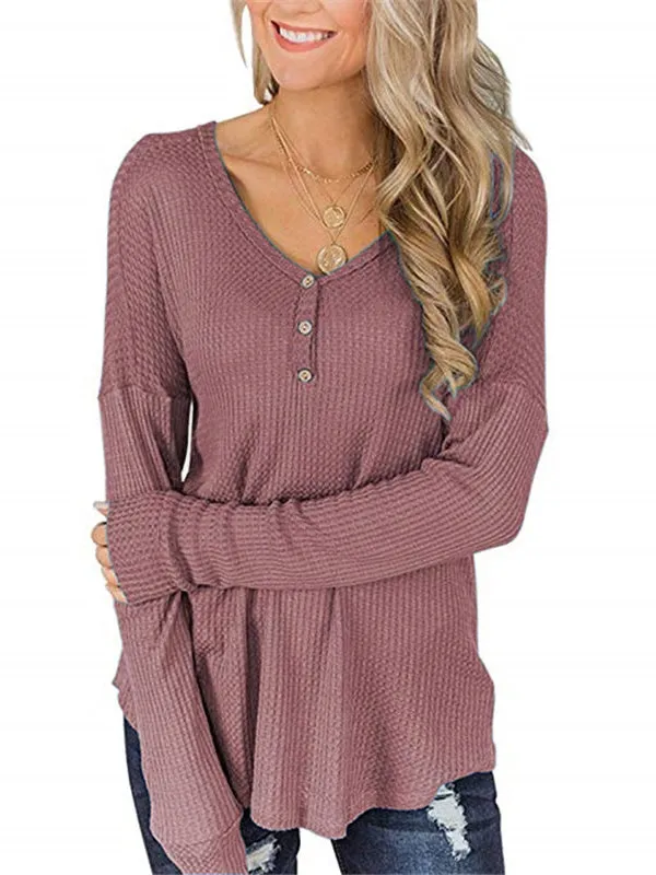 Button Loose Waffle Long Sleeve T-Shirt