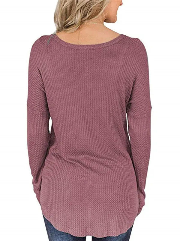 Button Loose Waffle Long Sleeve T-Shirt