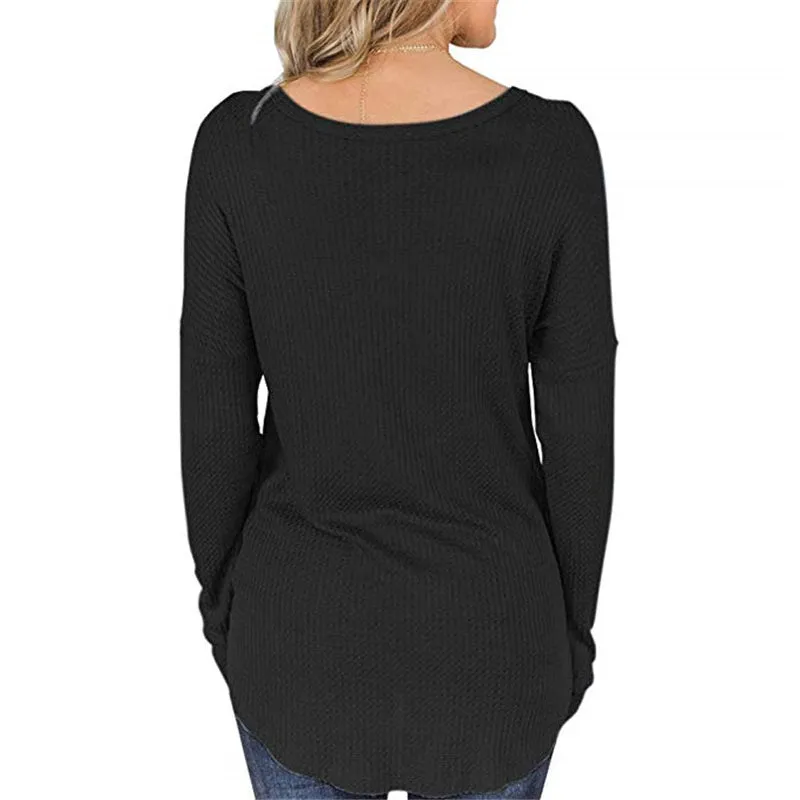 Button Loose Waffle Long Sleeve T-Shirt