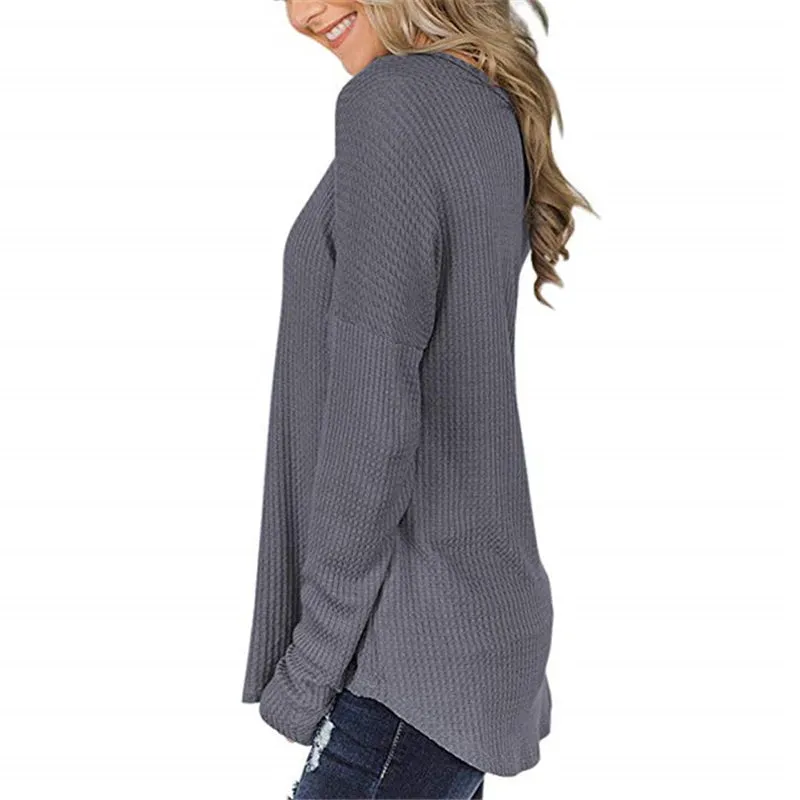 Button Loose Waffle Long Sleeve T-Shirt