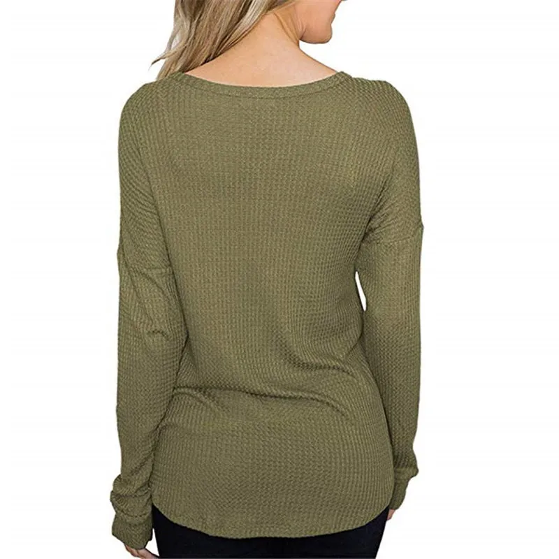 Button Loose Waffle Long Sleeve T-Shirt