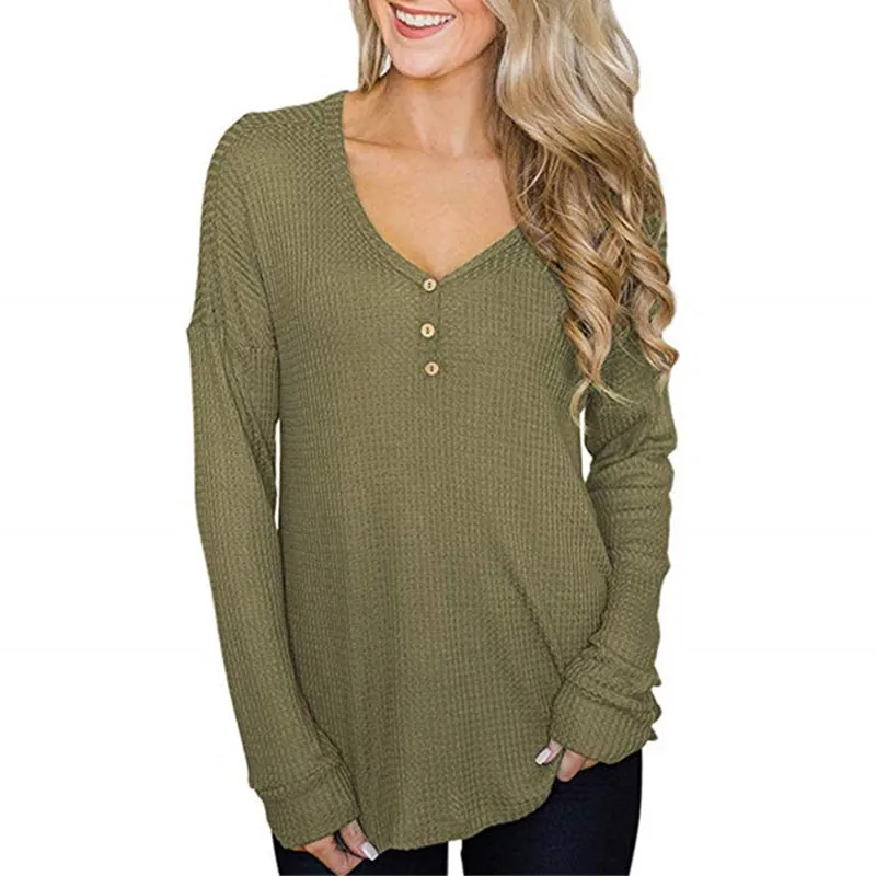 Button Loose Waffle Long Sleeve T-Shirt