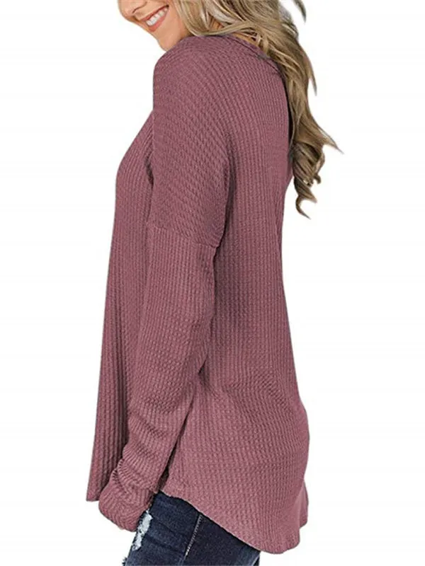 Button Loose Waffle Long Sleeve T-Shirt