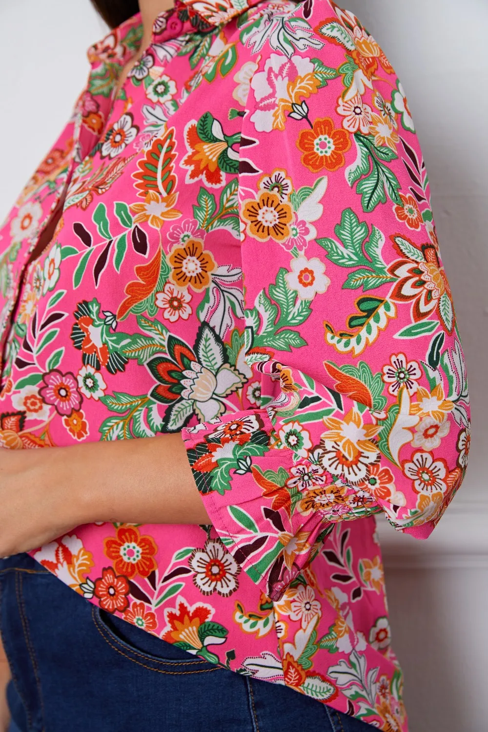 Capri Floral Button Up Flounce Sleeve Shirt