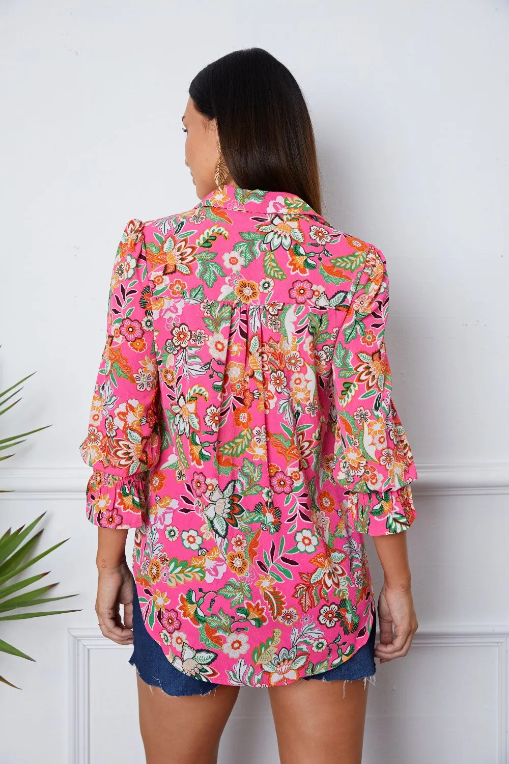 Capri Floral Button Up Flounce Sleeve Shirt