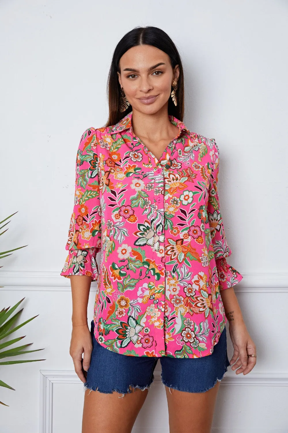 Capri Floral Button Up Flounce Sleeve Shirt