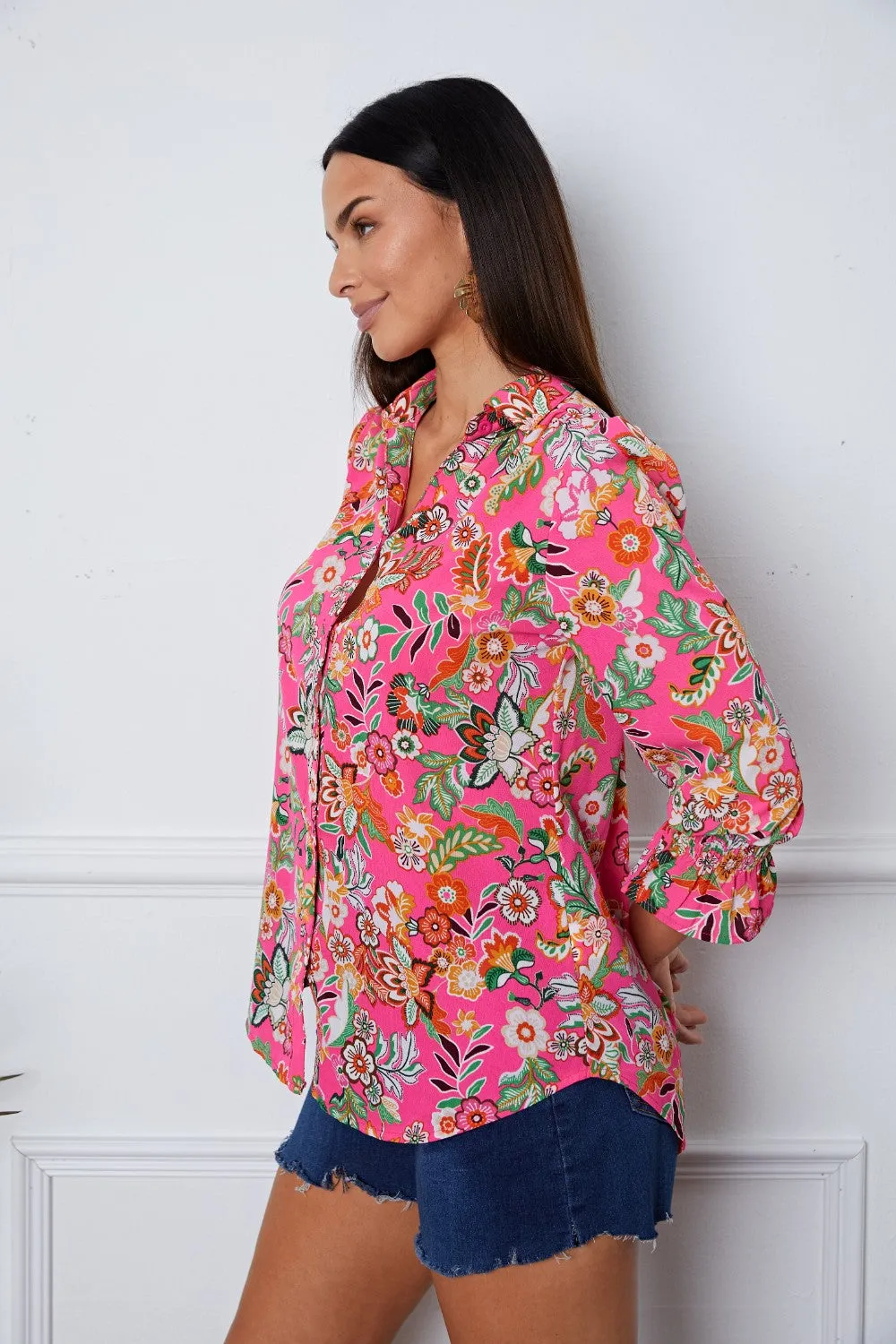 Capri Floral Button Up Flounce Sleeve Shirt