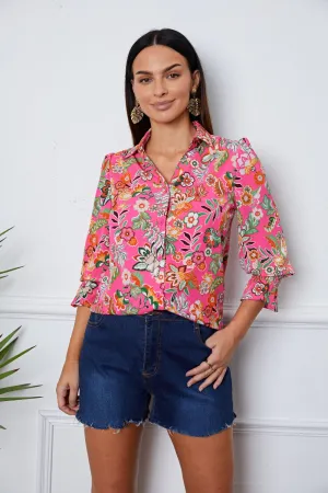 Capri Floral Button Up Flounce Sleeve Shirt