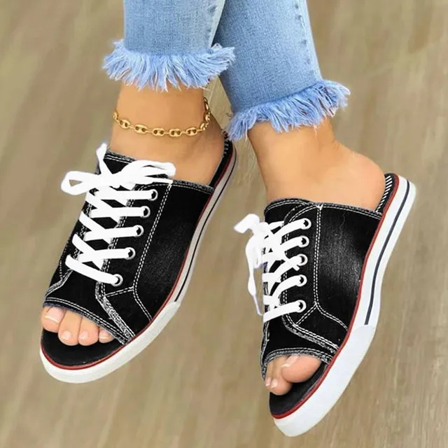 Casual Canvas Ladies Shoes Lace-up Open-toed  Slippers