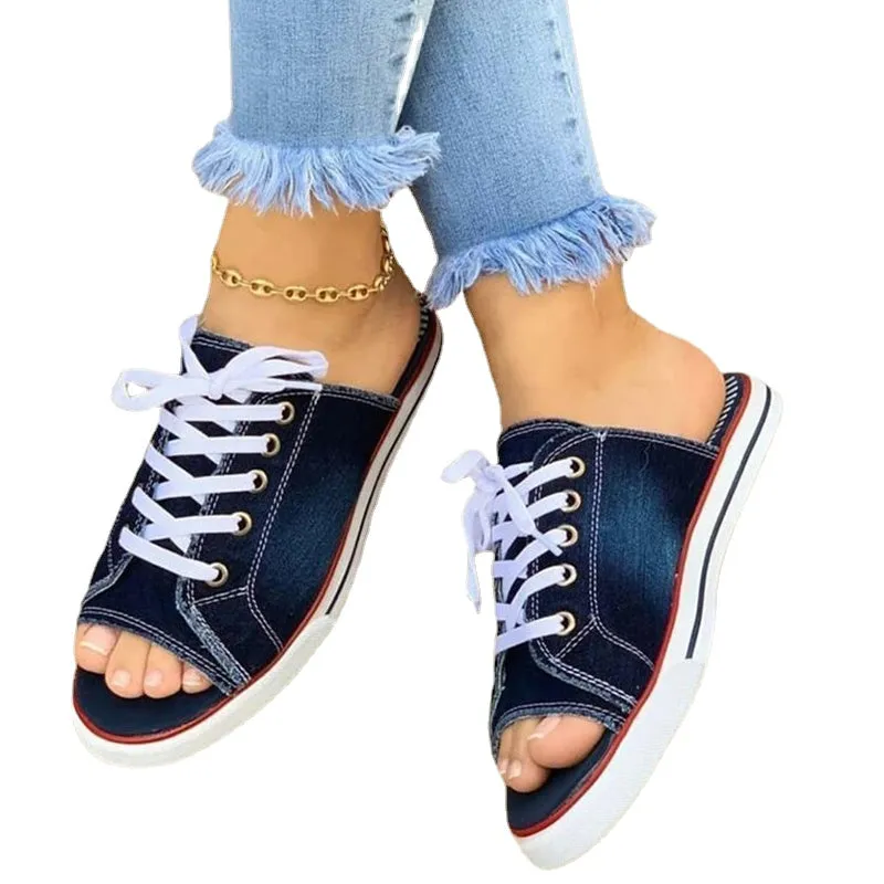 Casual Canvas Ladies Shoes Lace-up Open-toed  Slippers