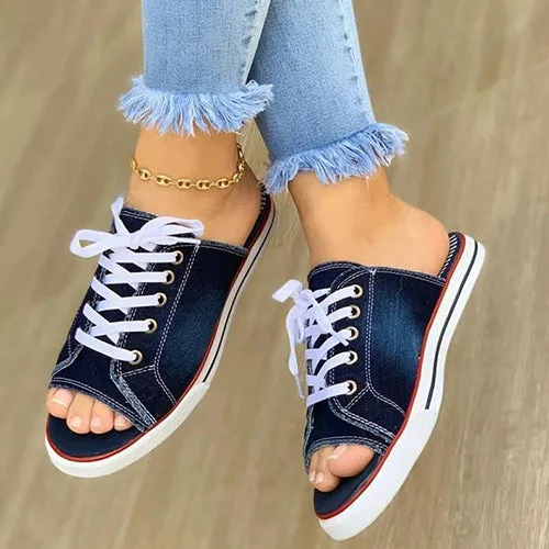 Casual Canvas Ladies Shoes Lace-up Open-toed  Slippers