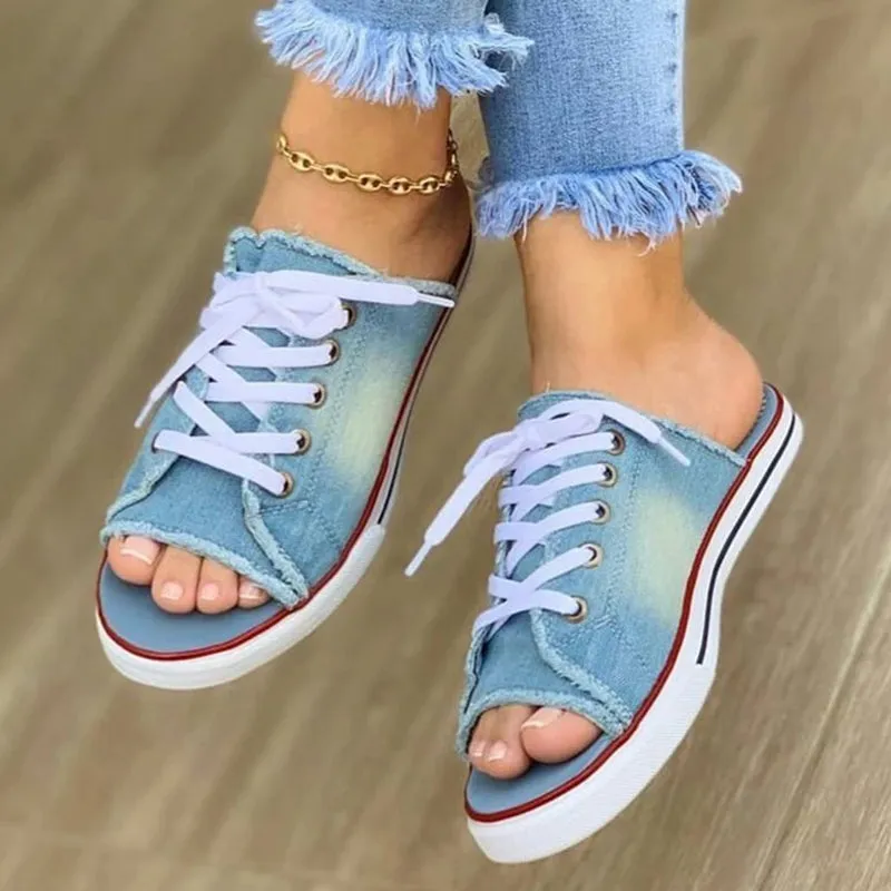 Casual Canvas Ladies Shoes Lace-up Open-toed  Slippers