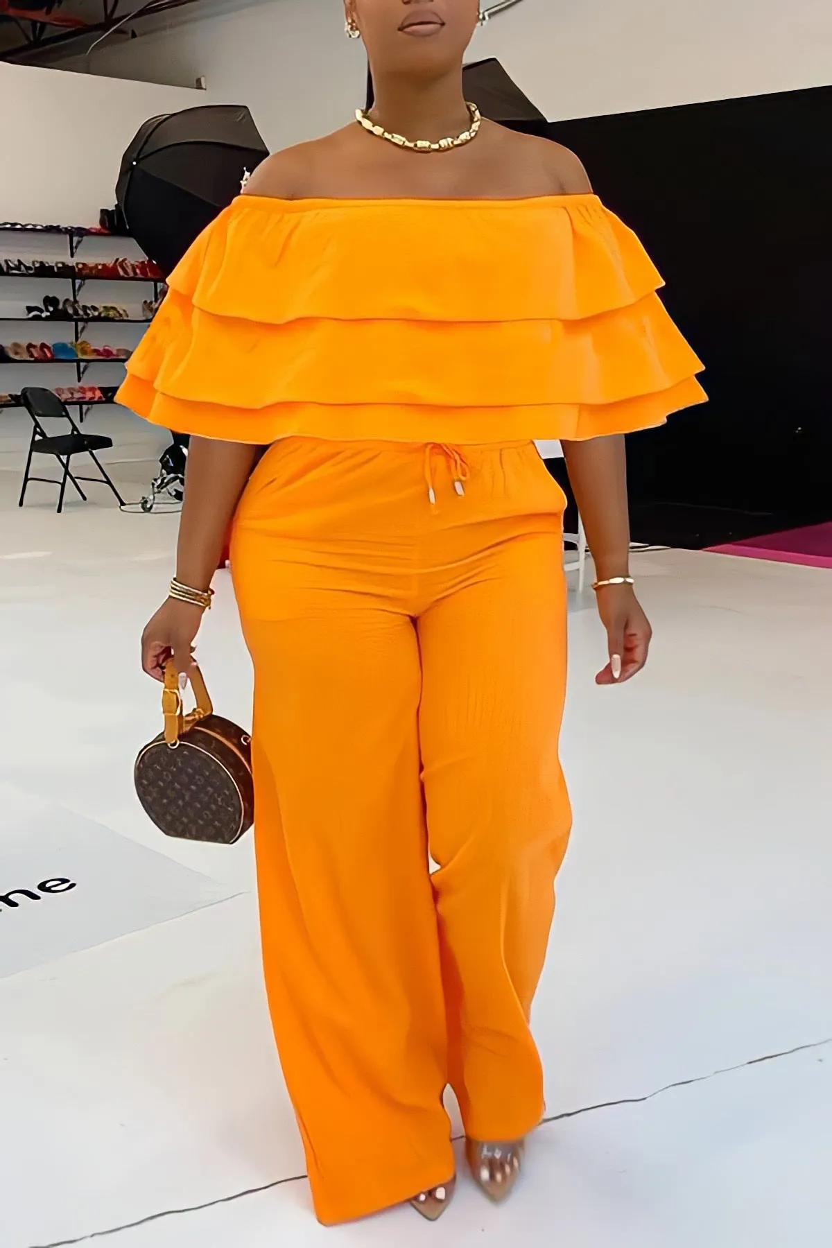 Casual Off Shoulder Tube & Drawstring Waist Pants Set