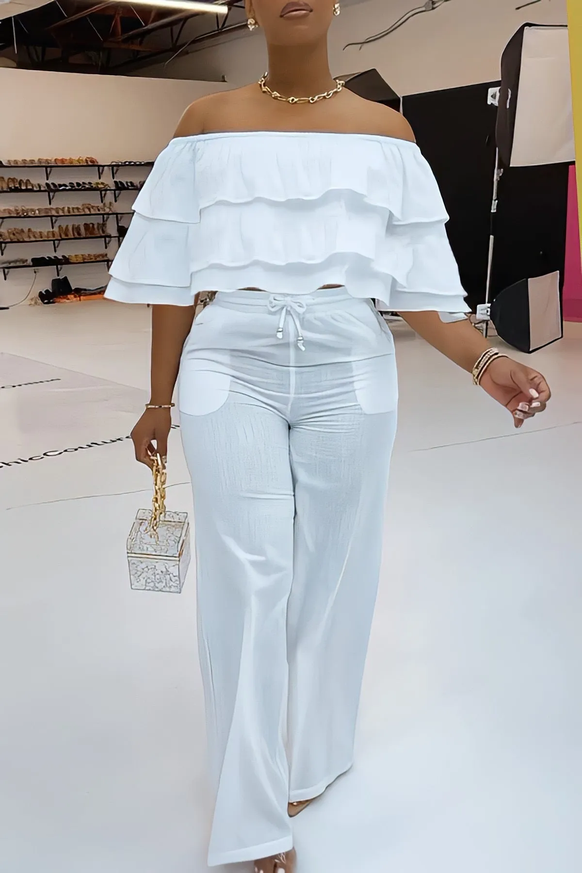 Casual Off Shoulder Tube & Drawstring Waist Pants Set
