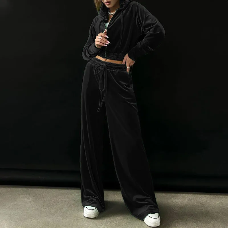 Casual Pleuche Women Two Pieces Suits