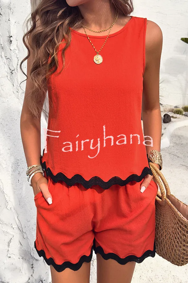 Casual Wavy Edge Buttoned Elastic Waist Shorts Set