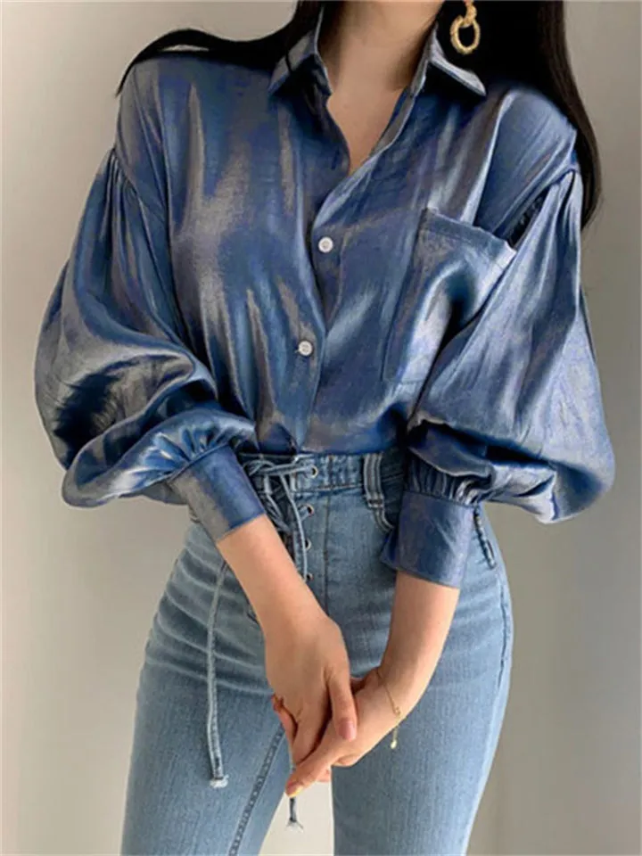 Charming Ladies Lantern Sleeve Lapel Collar Button Glimmer Blouse