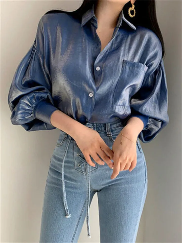 Charming Ladies Lantern Sleeve Lapel Collar Button Glimmer Blouse
