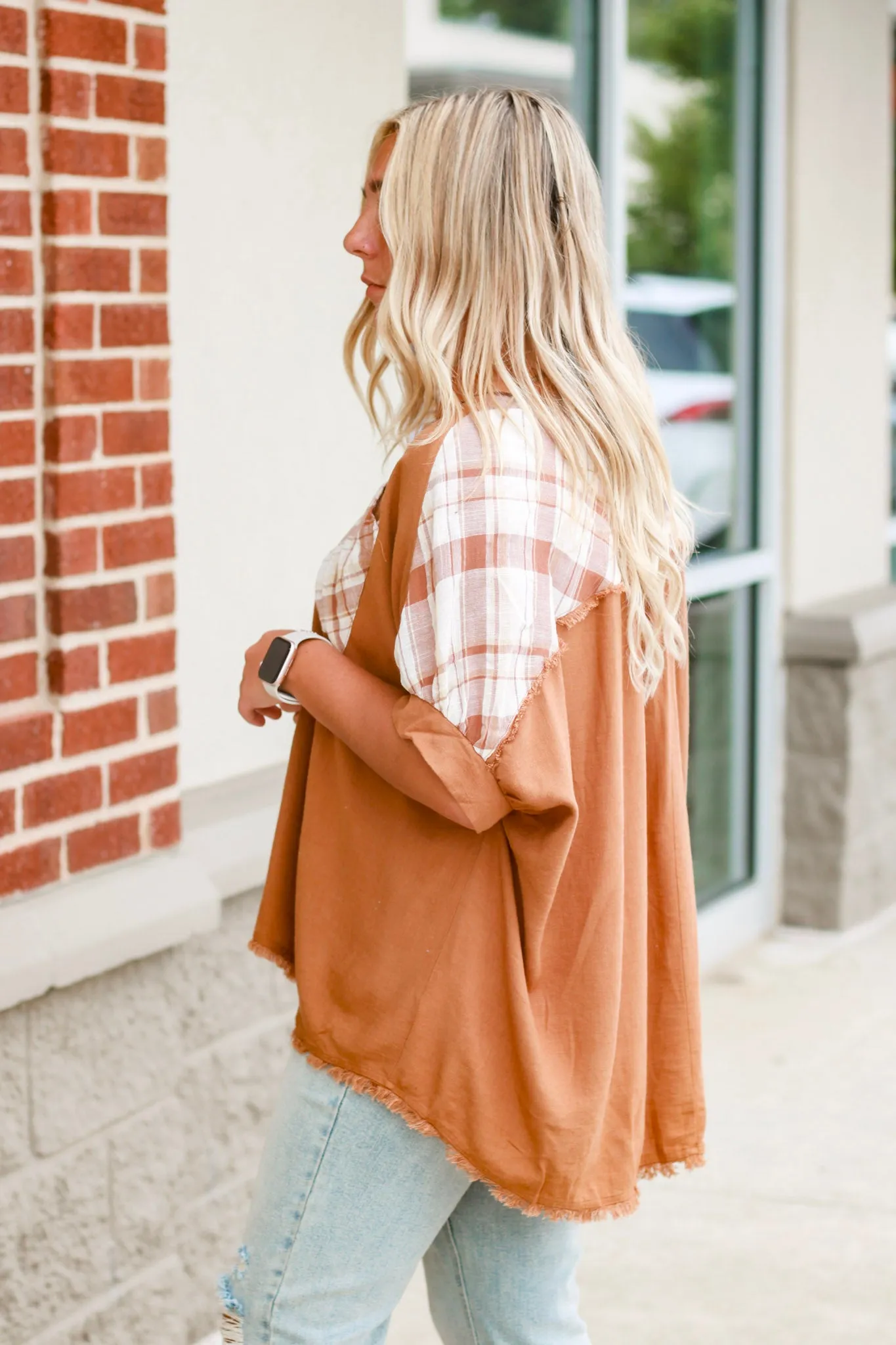 Checked Out Fall Blouse in Camel