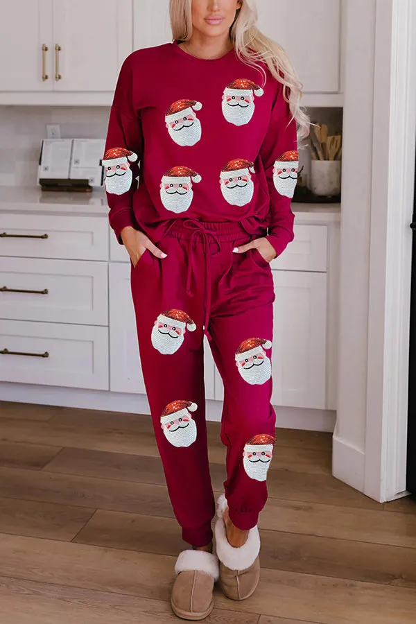 Christmas Sequin Long Sleeve Top and Elastic Waist Tie Pocket Pants Set