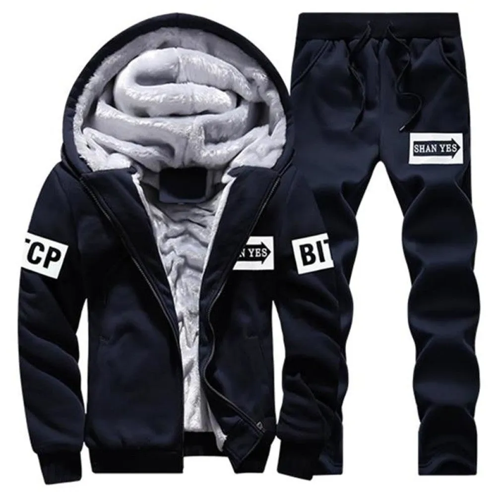 ContiNent 33 Men Set Fashion Brand Tracksuit Lined Thick Sweatshirt   Pants Sportswear Suit Male Winter Warm Hooded Outerwear Suit
