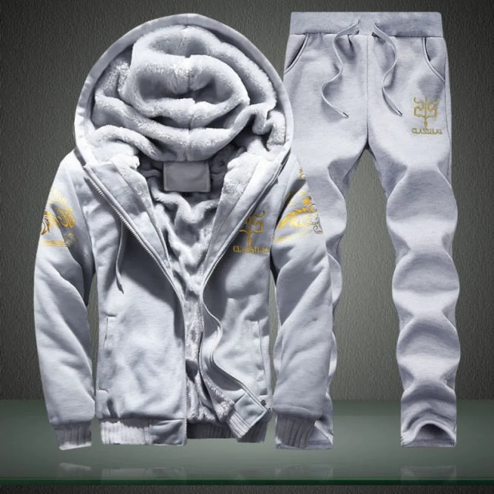 ContiNent 33 Men Set Fashion Brand Tracksuit Lined Thick Sweatshirt   Pants Sportswear Suit Male Winter Warm Hooded Outerwear Suit