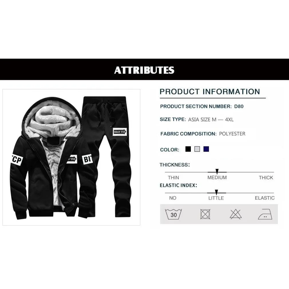 ContiNent 33 Men Set Fashion Brand Tracksuit Lined Thick Sweatshirt   Pants Sportswear Suit Male Winter Warm Hooded Outerwear Suit