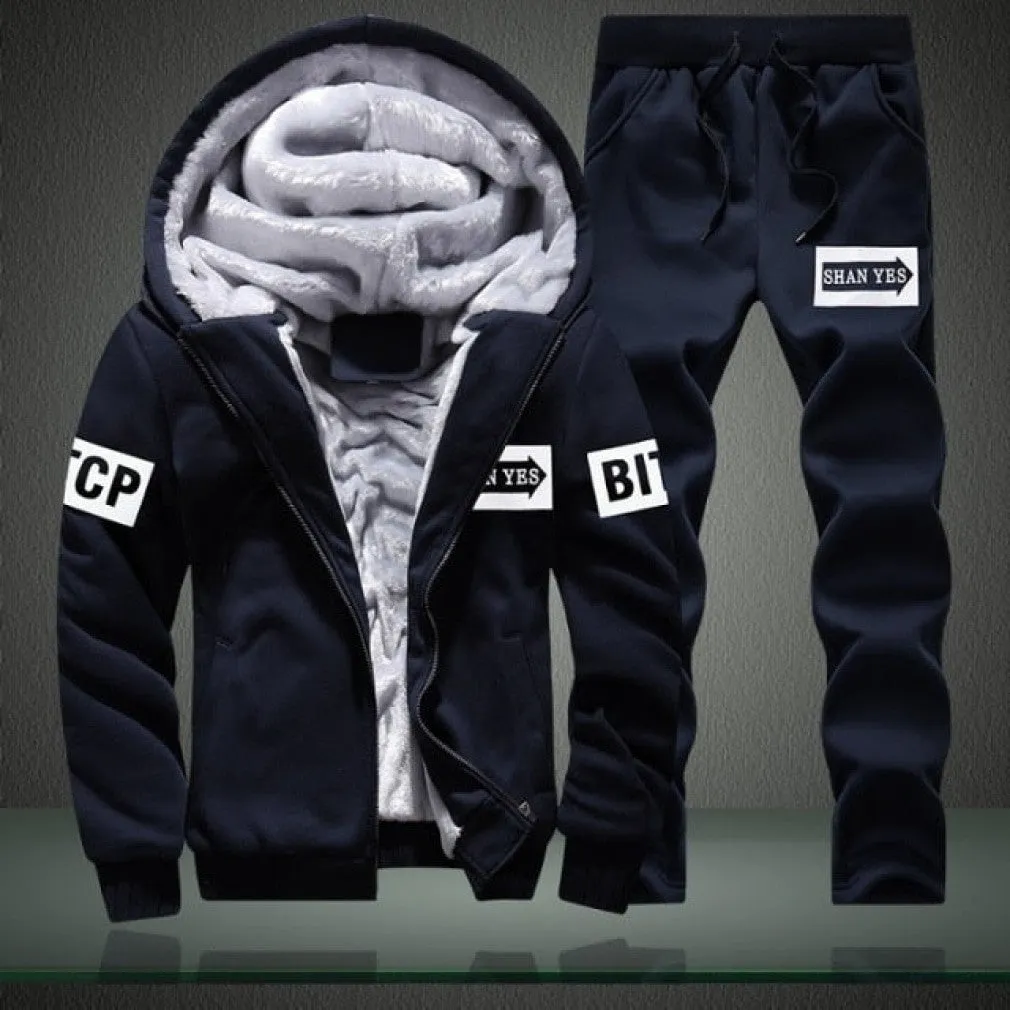 ContiNent 33 Men Set Fashion Brand Tracksuit Lined Thick Sweatshirt   Pants Sportswear Suit Male Winter Warm Hooded Outerwear Suit