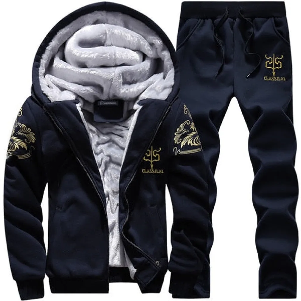 ContiNent 33 Men Set Fashion Brand Tracksuit Lined Thick Sweatshirt   Pants Sportswear Suit Male Winter Warm Hooded Outerwear Suit