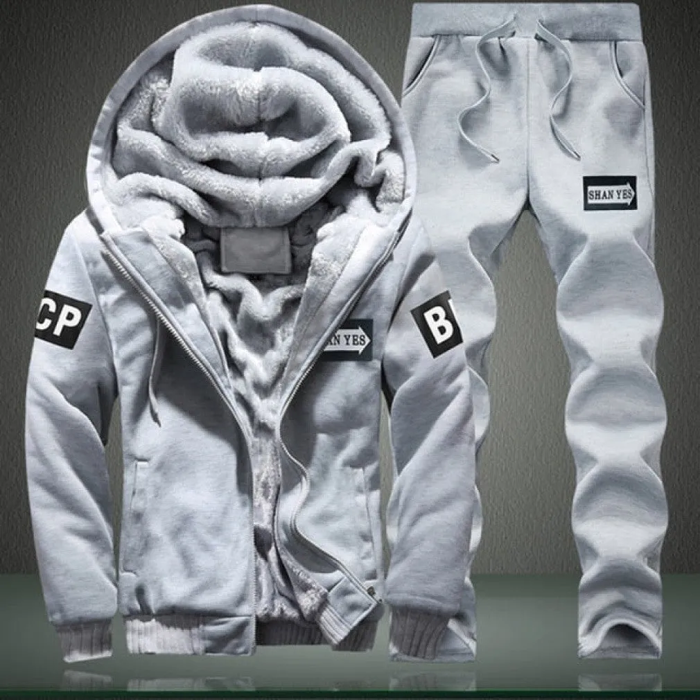 ContiNent 33 Men Set Fashion Brand Tracksuit Lined Thick Sweatshirt   Pants Sportswear Suit Male Winter Warm Hooded Outerwear Suit