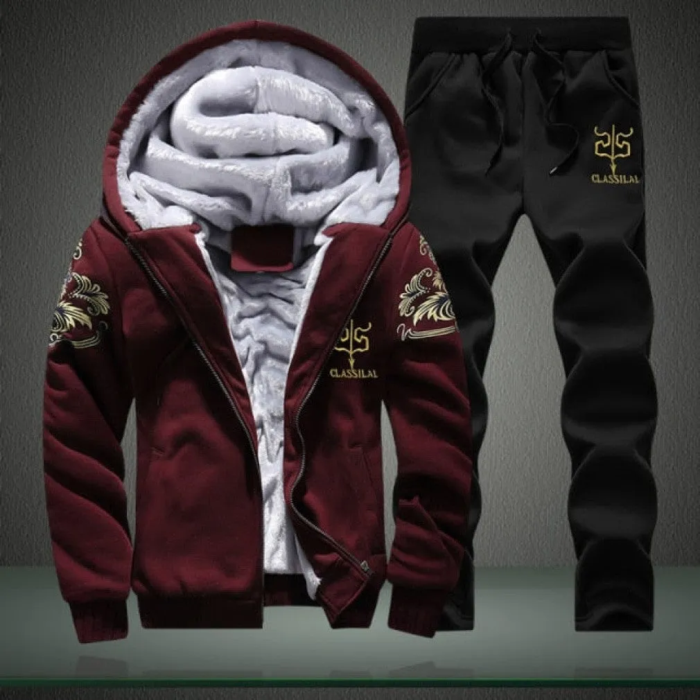 ContiNent 33 Men Set Fashion Brand Tracksuit Lined Thick Sweatshirt   Pants Sportswear Suit Male Winter Warm Hooded Outerwear Suit