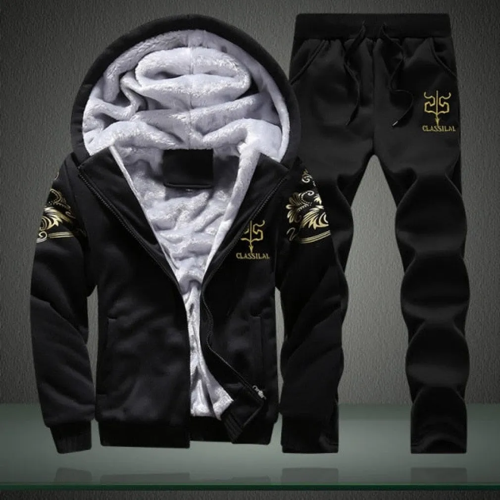 ContiNent 33 Men Set Fashion Brand Tracksuit Lined Thick Sweatshirt   Pants Sportswear Suit Male Winter Warm Hooded Outerwear Suit
